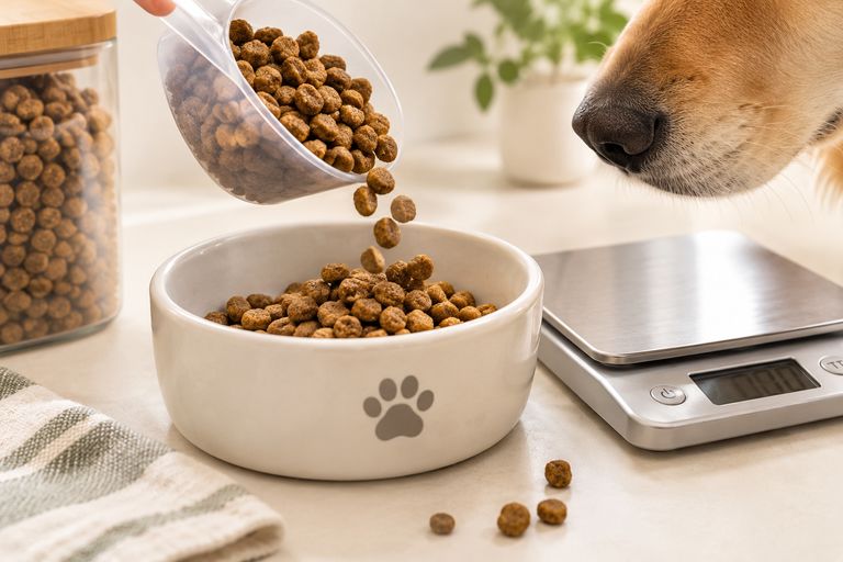 Dry dog food being measured into a bowl next to kitchen scales