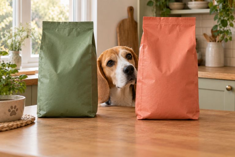 A beagle peeking between two bags of dog food