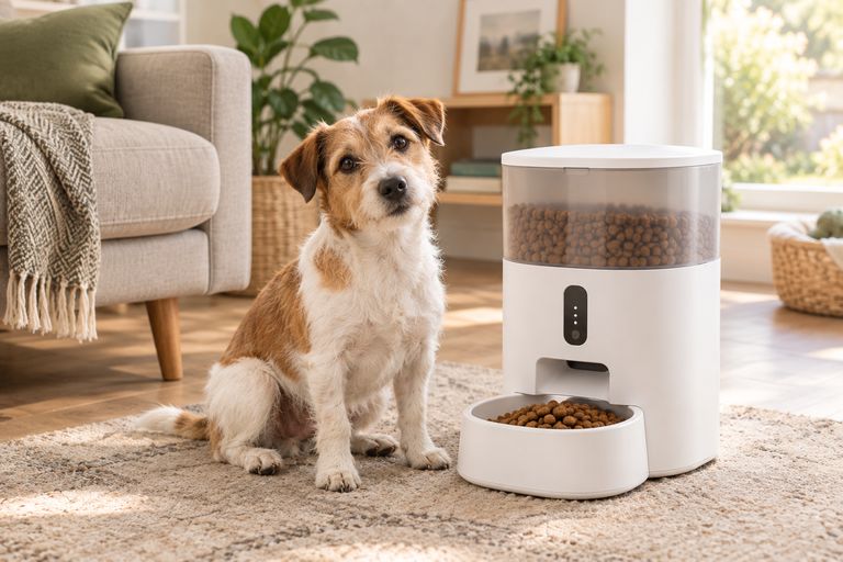 A terrier sitting next to an automatic dog feeder