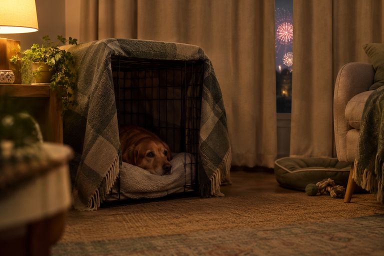 A dog resting in a blanket-covered crate while fireworks light up the window