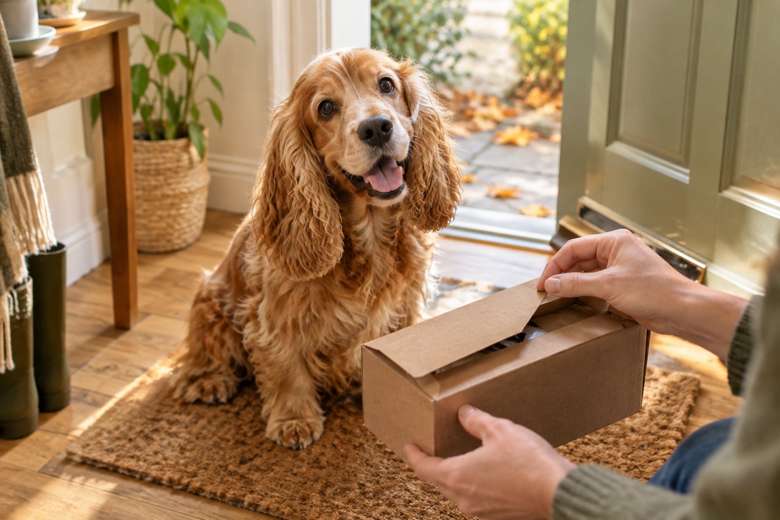 A cocker spaniel watching its owner open a parcel by the front door
