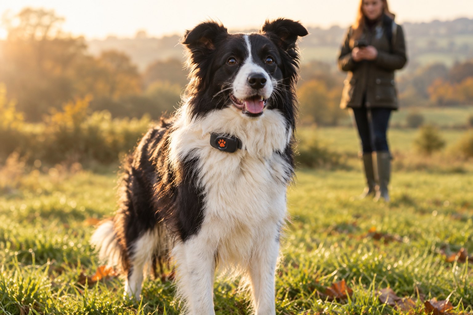 A Border Collie in a field wearing a GPS tracker on its collar, with its owner checking a phone behind