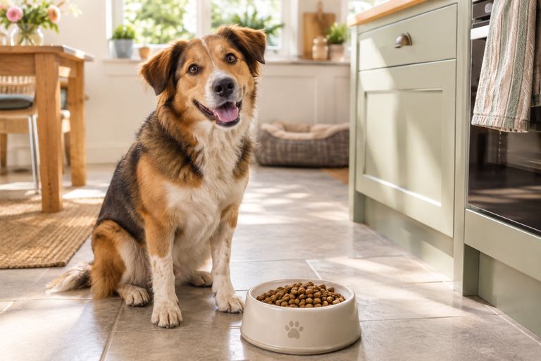 A happy dog sitting next to a full food bowl in a bright kitchen