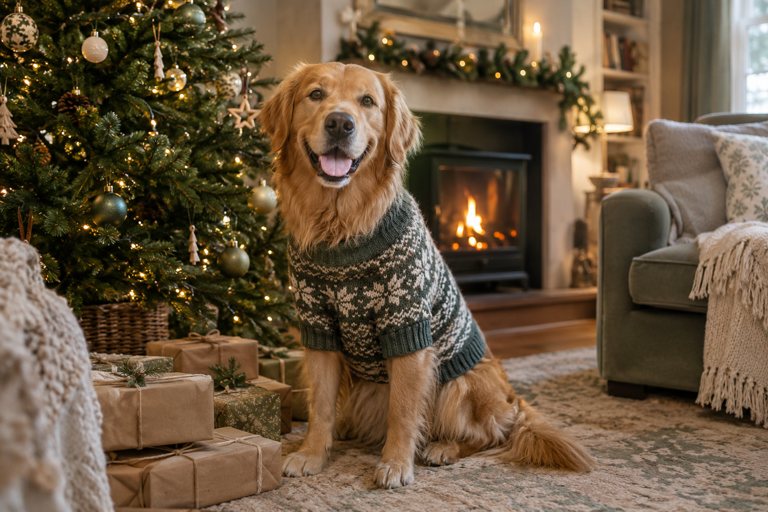 A golden retriever in a Christmas jumper sitting by a decorated tree and wrapped presents