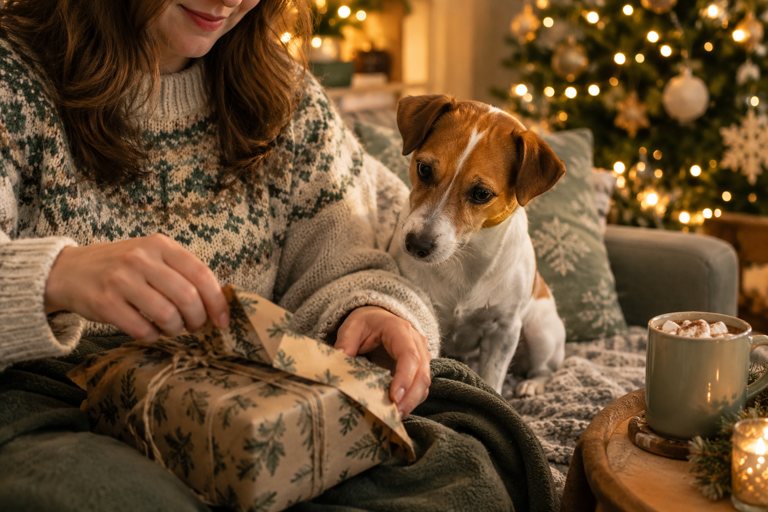 A person unwrapping a present on a sofa while a Jack Russell watches